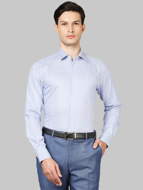 Raymond Men Blue Contemporary Fit Checks Full Sleeve Regular Collar Shirt