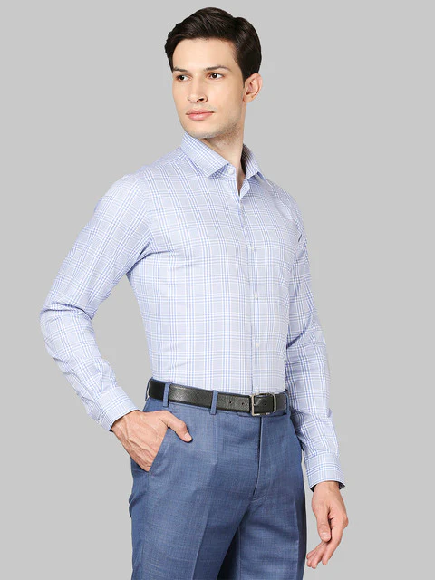 Raymond Men Blue Contemporary Fit Checks Full Sleeve Regular Collar Shirt - Image 2