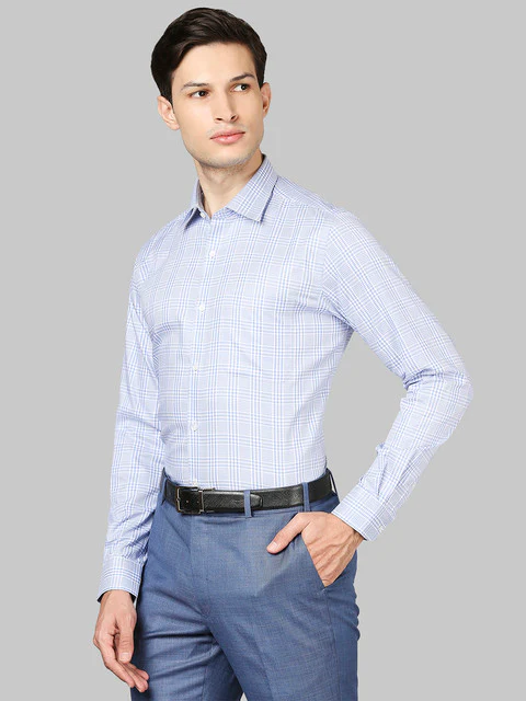 Raymond Men Blue Contemporary Fit Checks Full Sleeve Regular Collar Shirt - Image 3