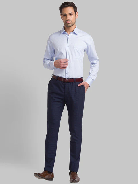 Raymond Men Blue Contemporary Fit Jacquard Cutaway Collar Shirt - Image 5