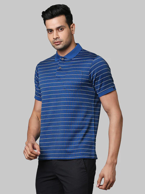 Raymond Men Blue Contemporary Fit Jacquard Polo Neck Collar T-Shirt - Image 3