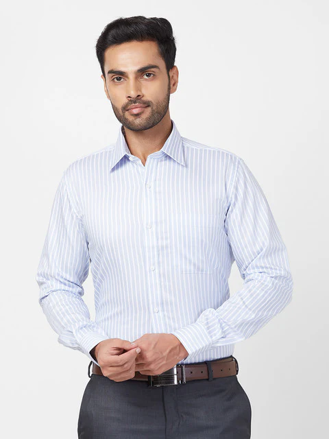 Raymond Men Blue Contemporary Fit Stripe Full Sleeve Regular Collar Shirt