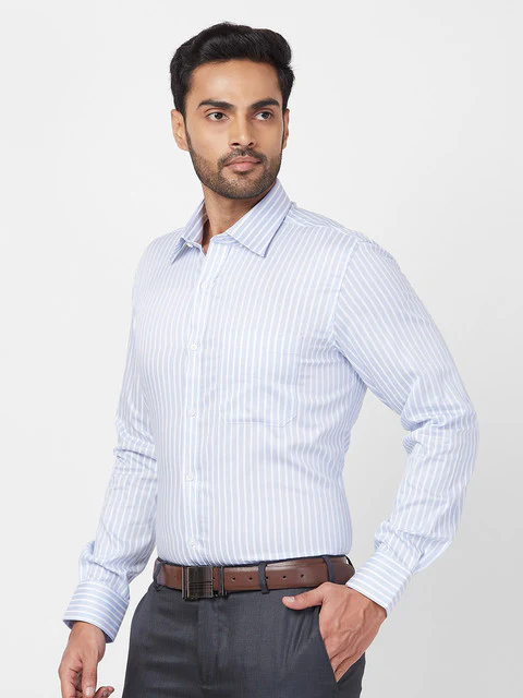 Raymond Men Blue Contemporary Fit Stripe Full Sleeve Regular Collar Shirt - Image 2