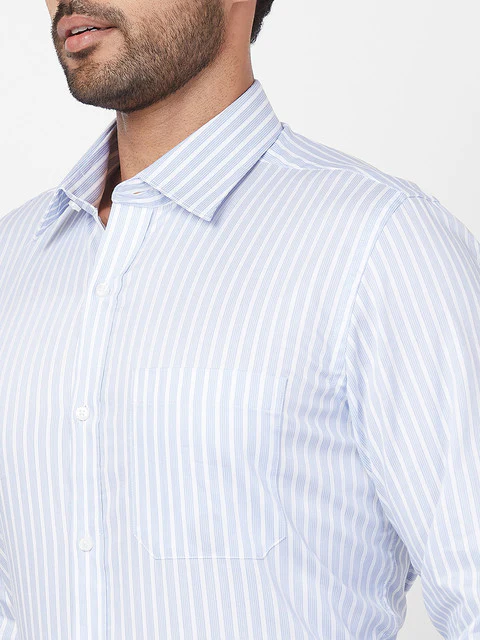 Raymond Men Blue Contemporary Fit Stripe Full Sleeve Regular Collar Shirt - Image 5