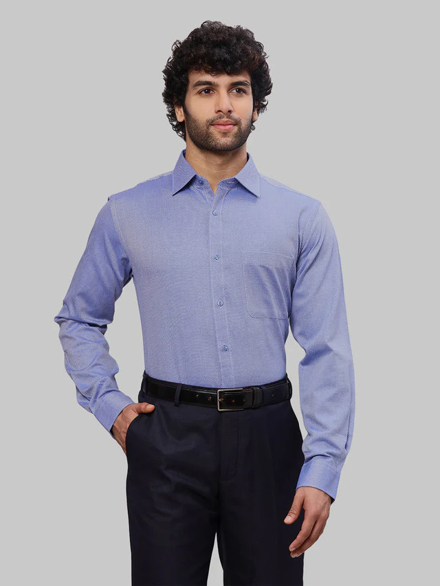 Raymond Men Blue Dobby Slim Fit Cotton Formal Shirt
