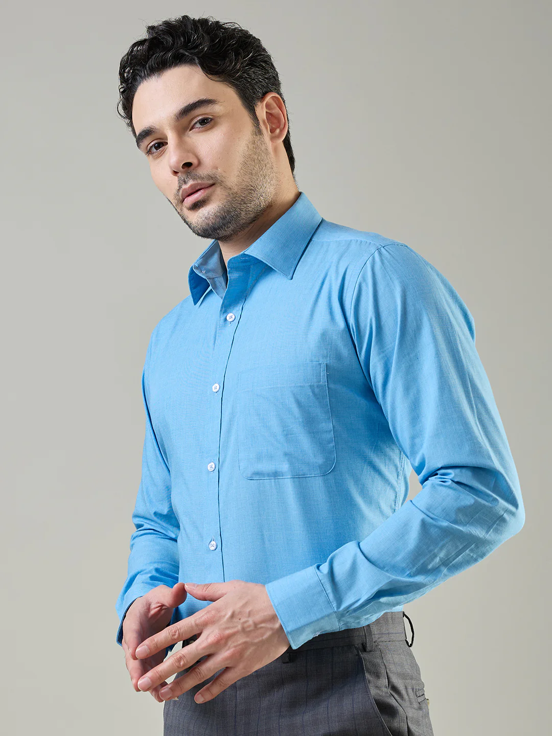 Raymond Men Blue Fil-A-Fil Slim Fit Cotton Shirt - Image 3