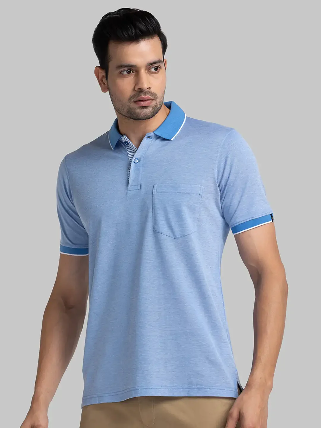 Raymond Men Blue Contemporary Fit Jacquard Polo Neck Collar T-Shirt - Image 3