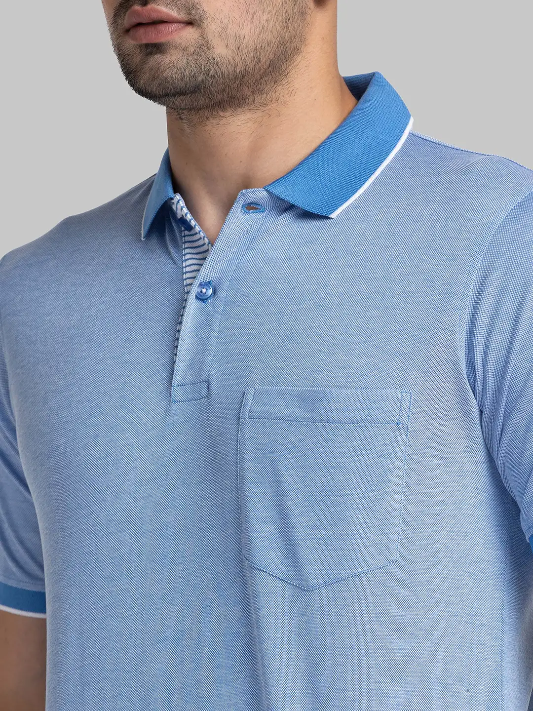 Raymond Men Blue Contemporary Fit Jacquard Polo Neck Collar T-Shirt - Image 6