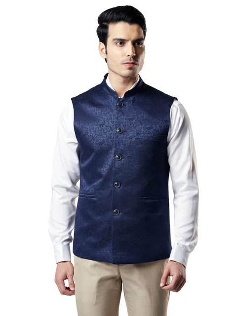 Raymond Men Blue Jacquard Contemporary Fit Terylene Blend Waist Coat