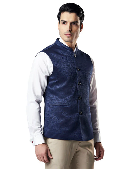 Raymond Men Blue Jacquard Contemporary Fit Terylene Blend Waist Coat - Image 2