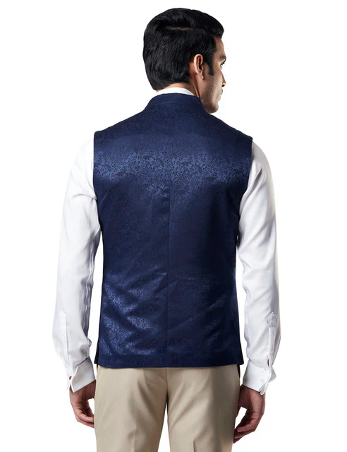 Raymond Men Blue Jacquard Contemporary Fit Terylene Blend Waist Coat - Image 4