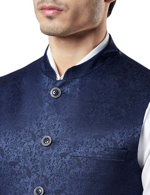 Raymond Men Blue Jacquard Contemporary Fit Terylene Blend Waist Coat - Image 6