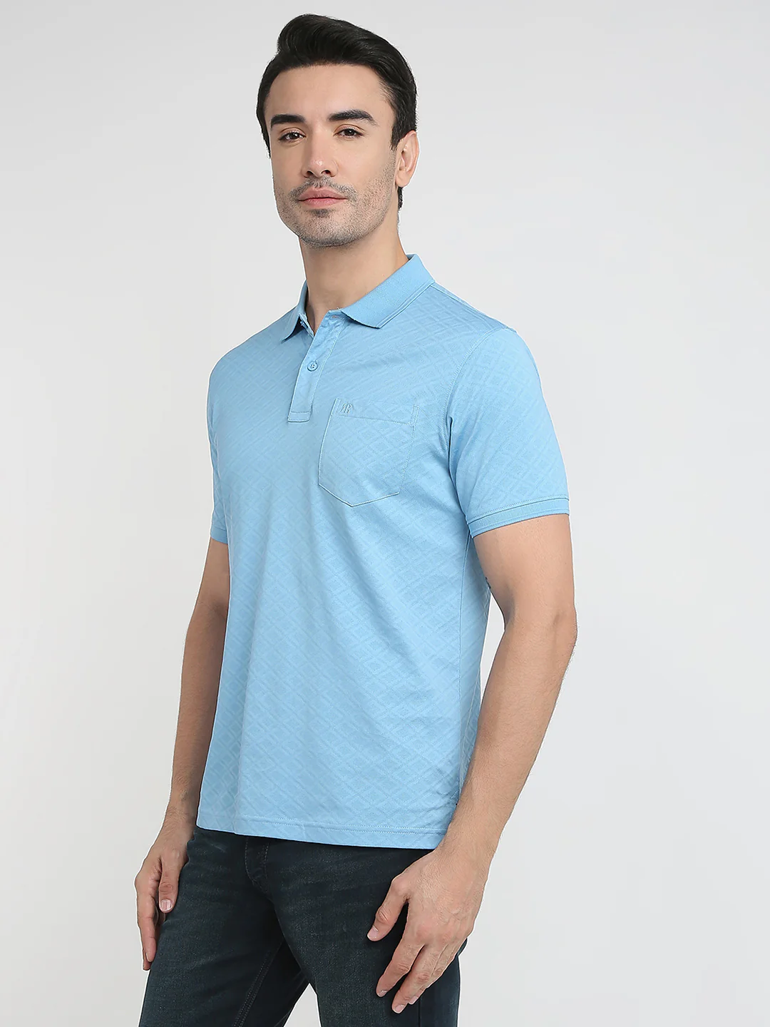 Raymond Men Blue Jacquard Regular Fit Cotton Half Sleeve T-Shirt - Image 2
