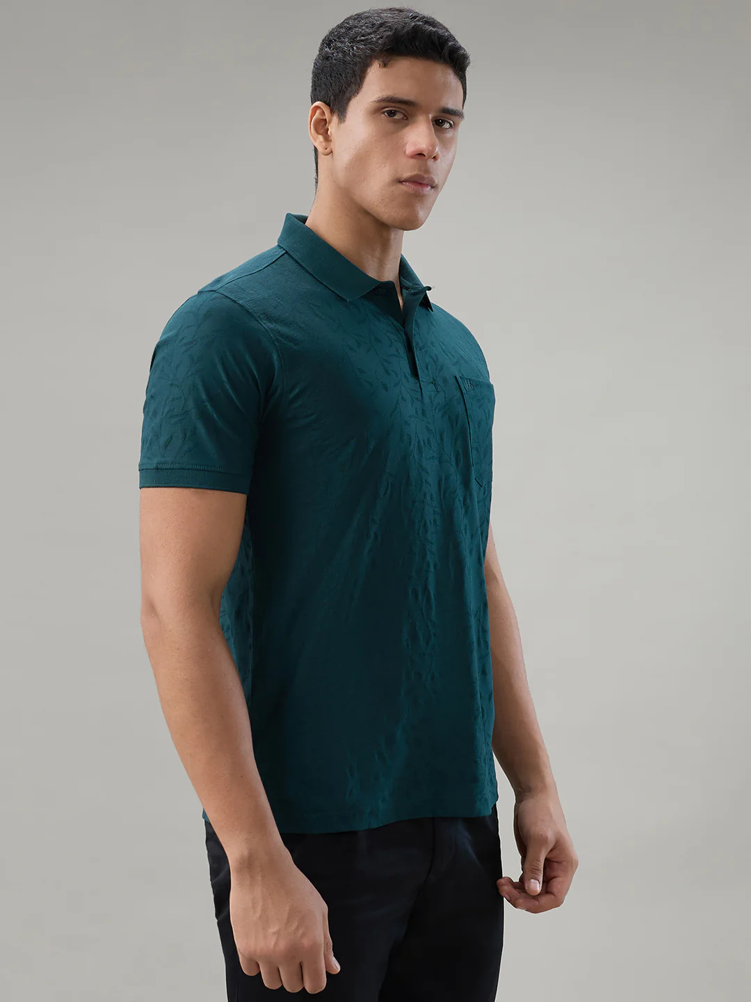 Raymond Men Blue Jacquard Regular Fit Cotton T-shirt - Image 2
