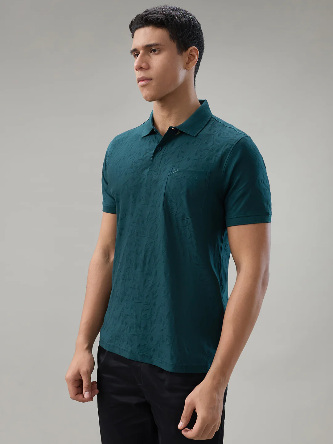 Raymond Men Blue Jacquard Regular Fit Cotton T-shirt - Image 3