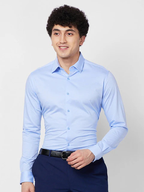 Raymond Men Blue Jacquard Slim Fit Cotton Formal Shirts