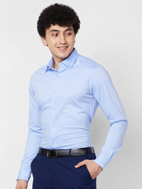 Raymond Men Blue Jacquard Slim Fit Cotton Formal Shirts - Image 3