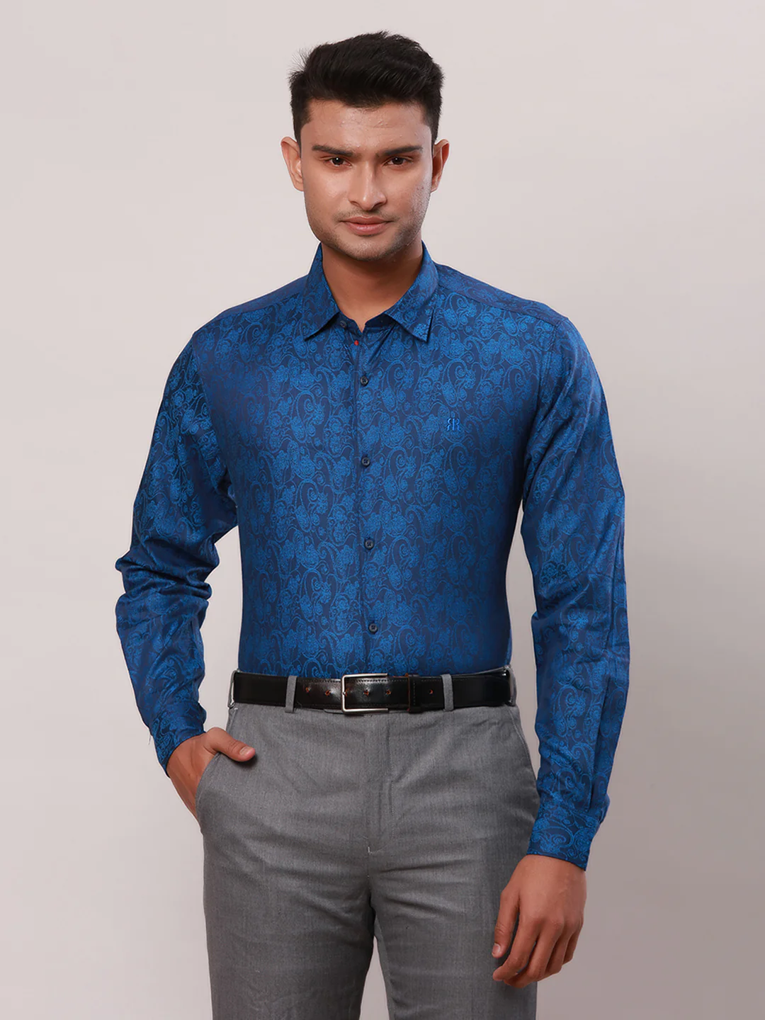 Raymond Men Blue Jacquard Slim Fit Cotton Shirt