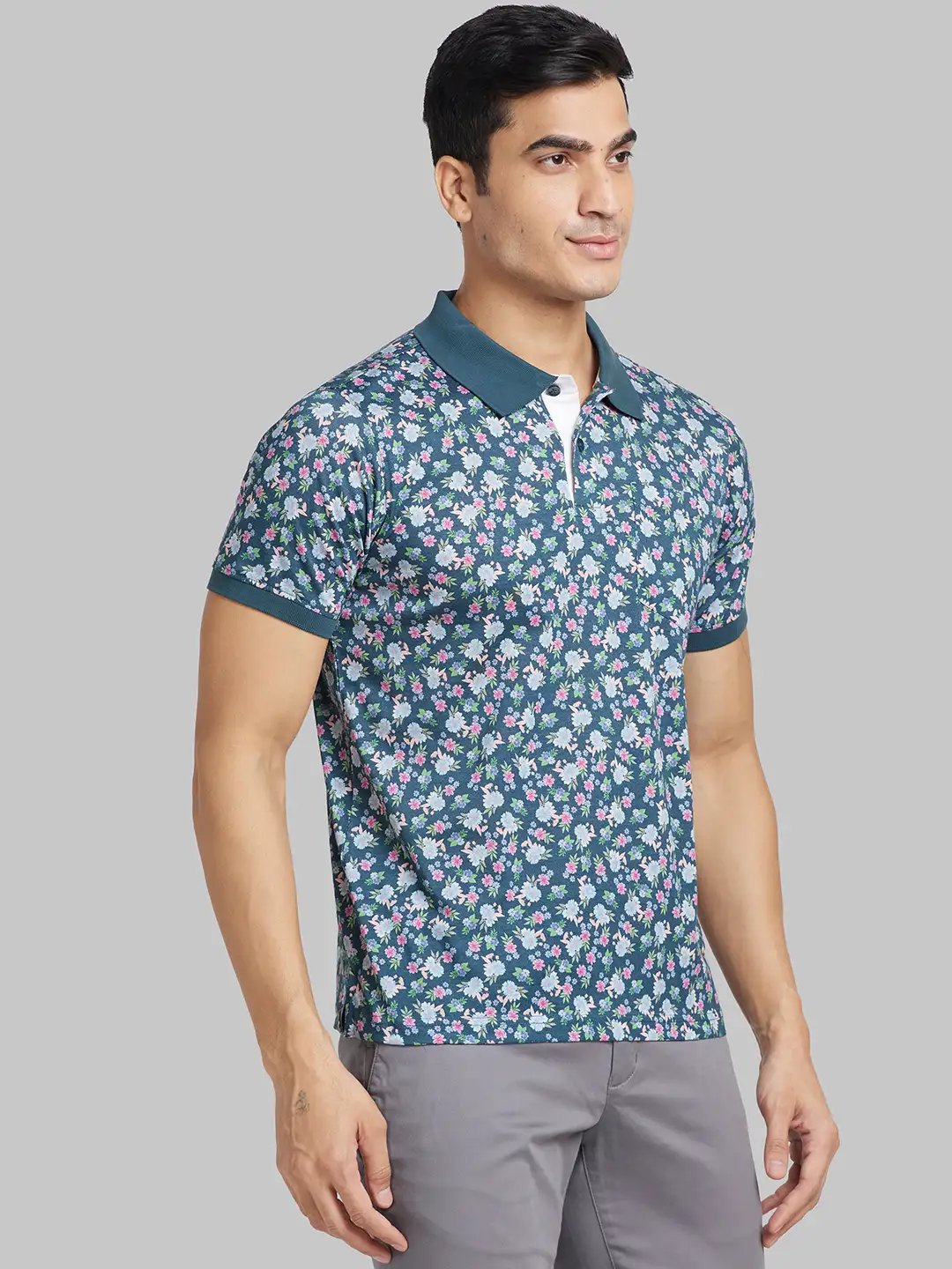 Raymond Men Blue Print Contemporary Fit Cotton T-Shirt - Image 2