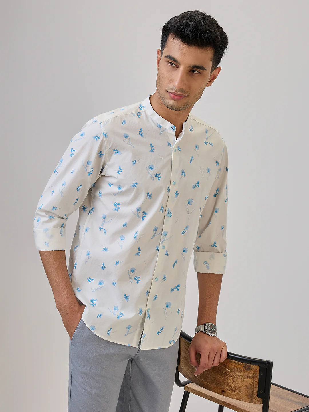 Raymond Men Blue Print Regular Fit Cotton Casual Shirt