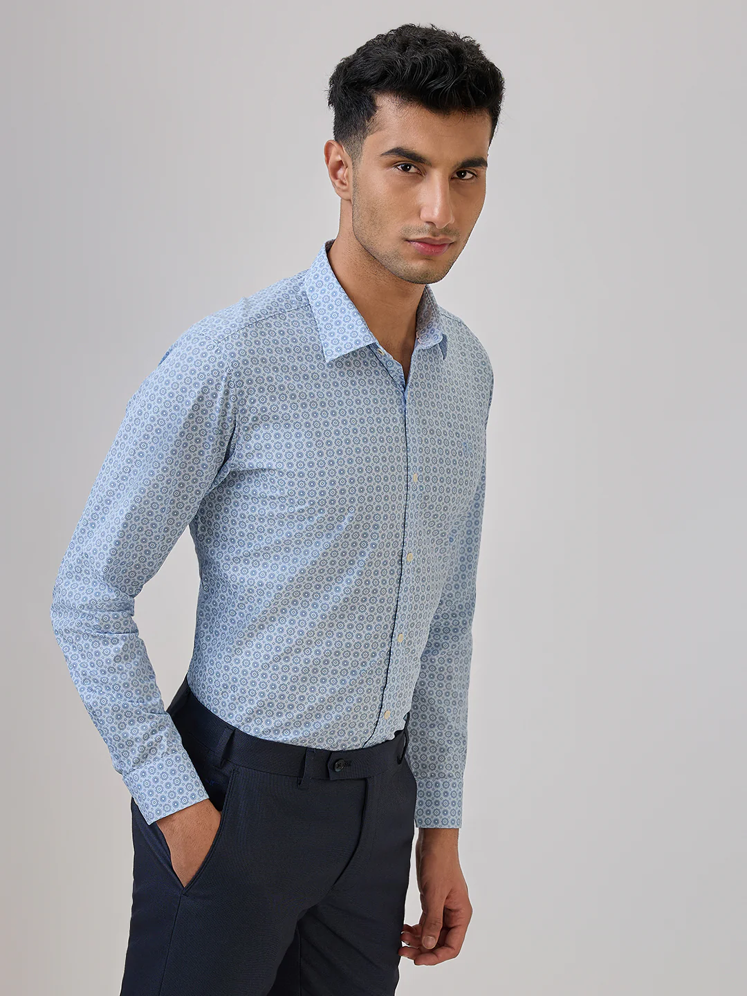 Raymond Men Blue Print Regular Fit Cotton Casual Shirt - Image 4