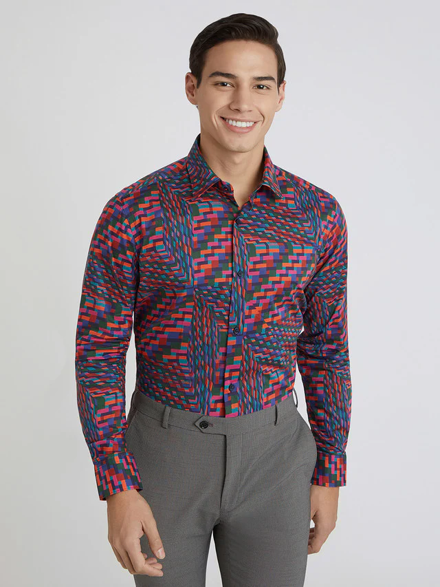 Raymond Men Blue Print Regular Fit Cotton Formal Shirt
