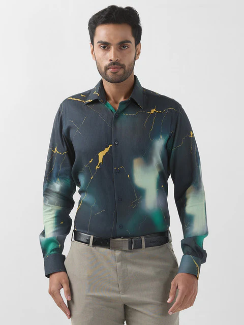 Raymond Men Blue Printed Regular Fit Cotton Blend Shirt