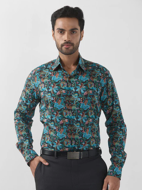 Raymond Men Blue Printed Regular Fit Cotton Formal Shirts
