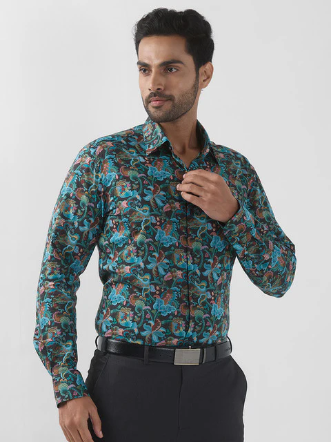 Raymond Men Blue Printed Regular Fit Cotton Formal Shirts - Image 2