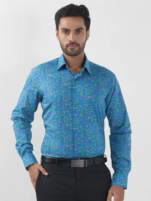 Raymond Men Blue Printed Regular Fit Cotton Formal Shirts