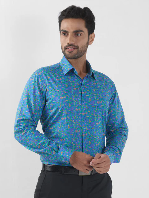 Raymond Men Blue Printed Regular Fit Cotton Formal Shirts - Image 2