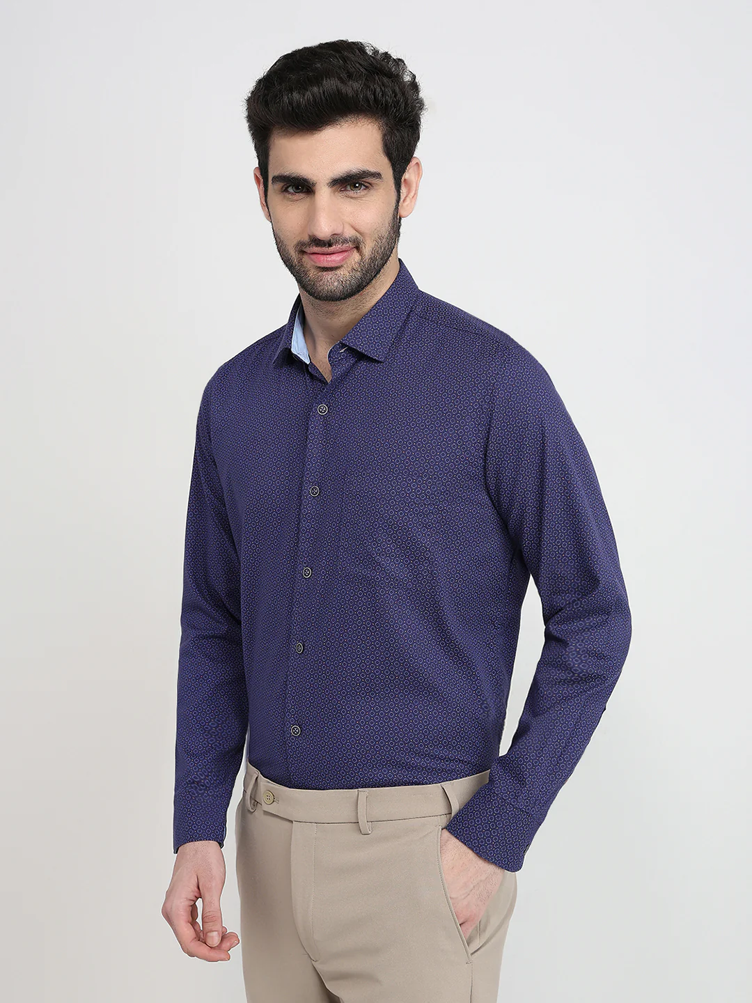Raymond Men Blue Printed Regular Fit Cotton Full Sleeve Regular Collar Casual Shirt