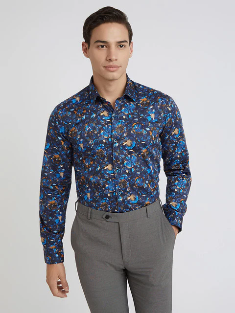 Raymond Men Blue Printed Regular Fit Cotton Shirt