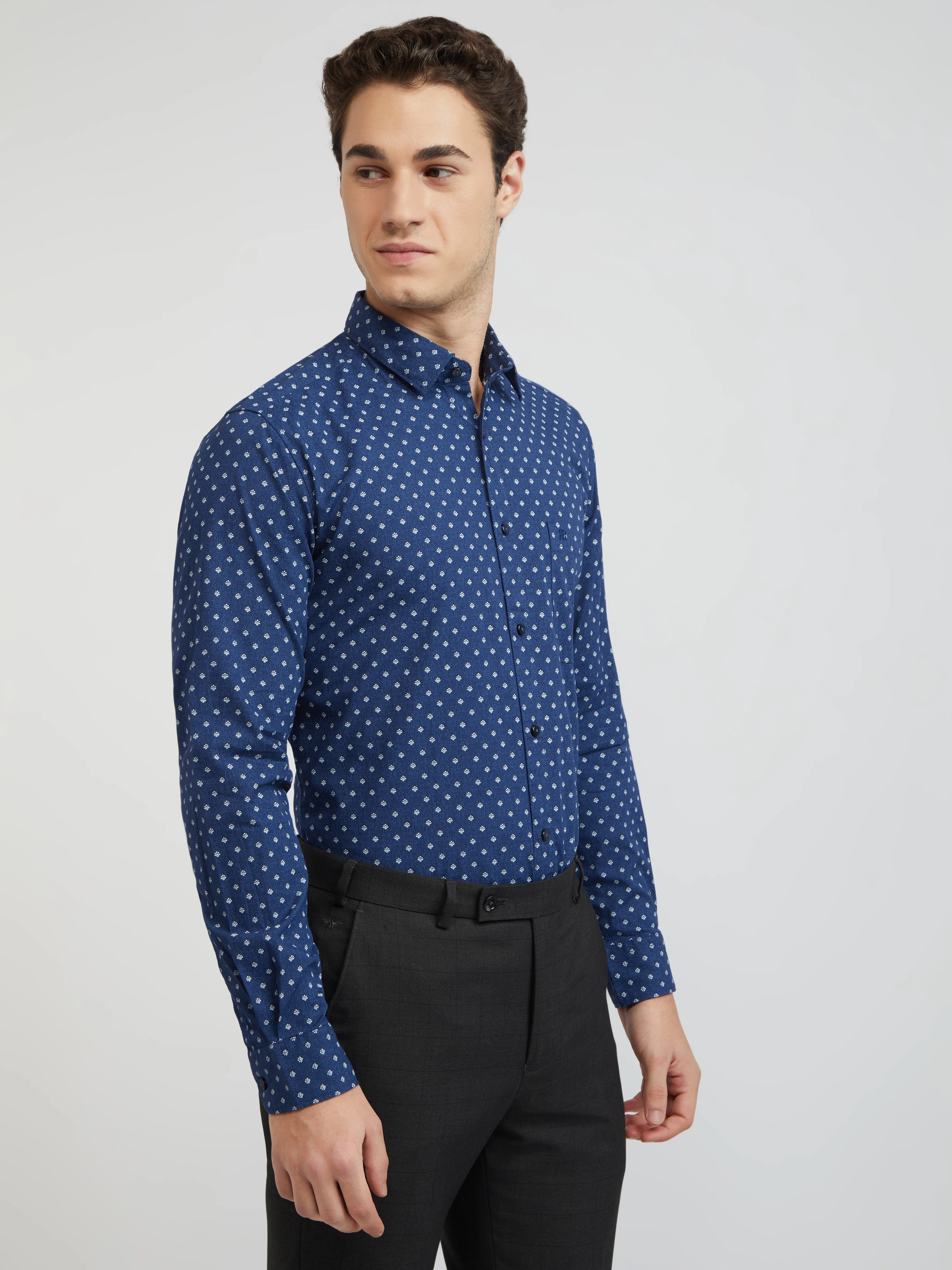 Raymond Men Blue Printed Slim Fit Cotton Casual Shirt - Image 3