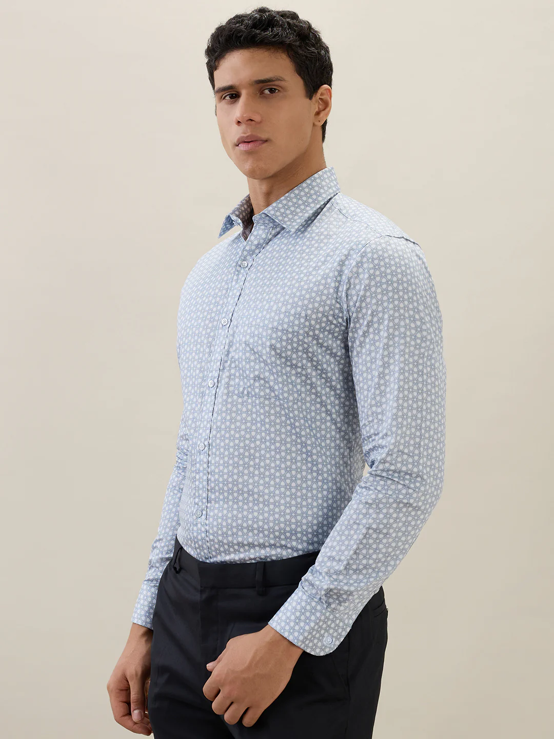 Raymond Men Blue Printed Slim Fit Cotton Formal Shirt - Image 3