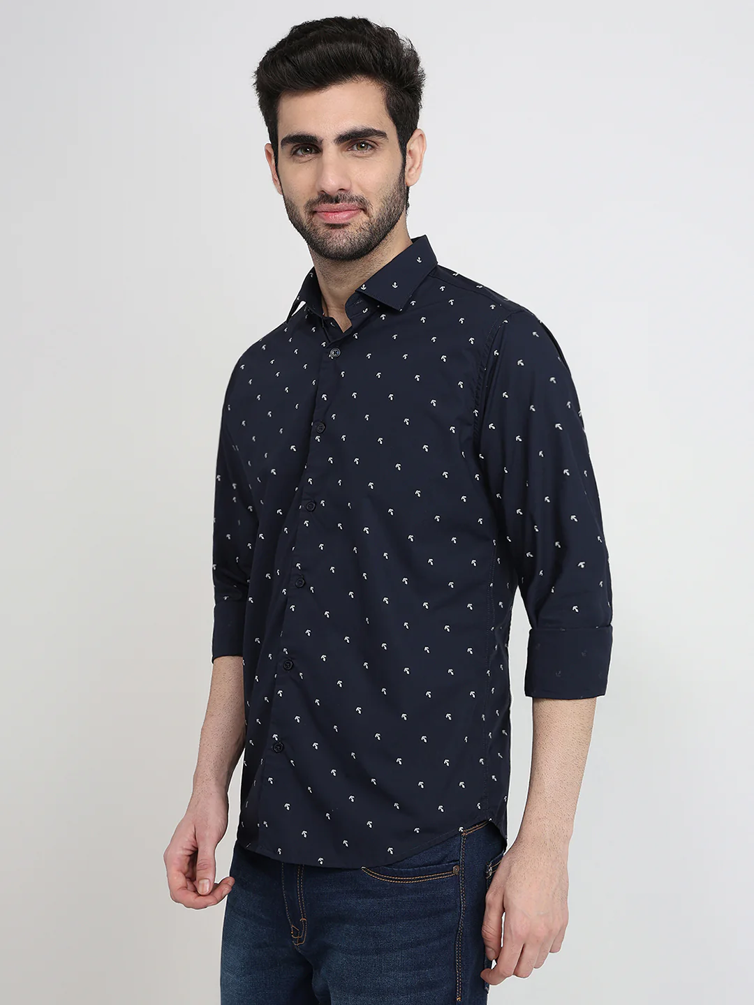 Raymond Men Blue Printed Slim Fit Cotton Full Sleeve Cut Away Collar Casual Shirt - Image 2