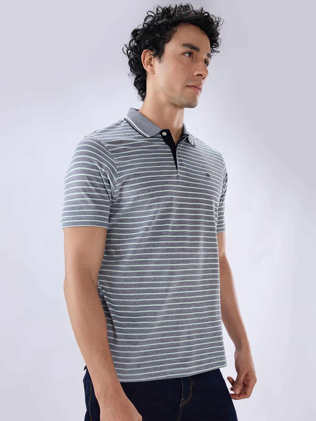 Raymond Men Blue Regular Fit Stripe Polo Neck Collar T-Shirt - Image 3