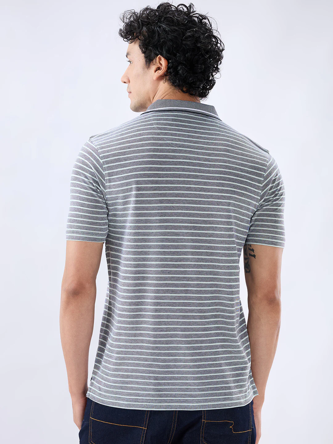Raymond Men Blue Regular Fit Stripe Polo Neck Collar T-Shirt - Image 4