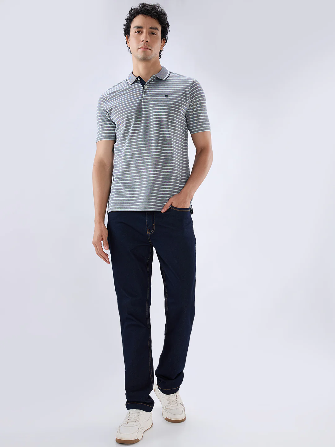 Raymond Men Blue Regular Fit Stripe Polo Neck Collar T-Shirt - Image 5