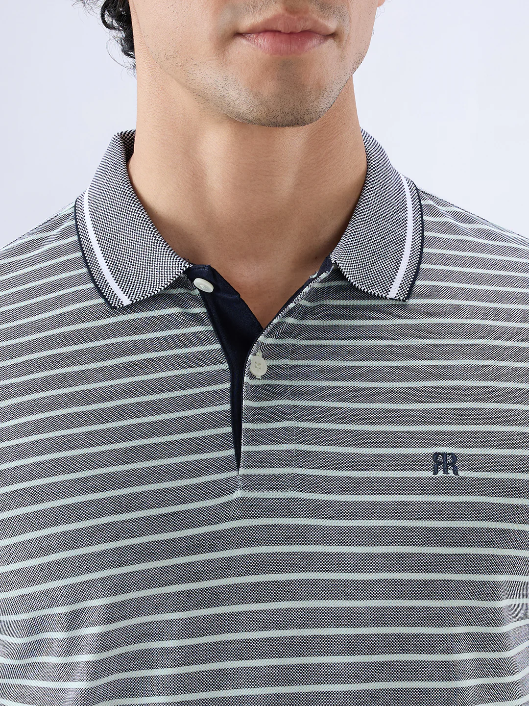 Raymond Men Blue Regular Fit Stripe Polo Neck Collar T-Shirt - Image 6