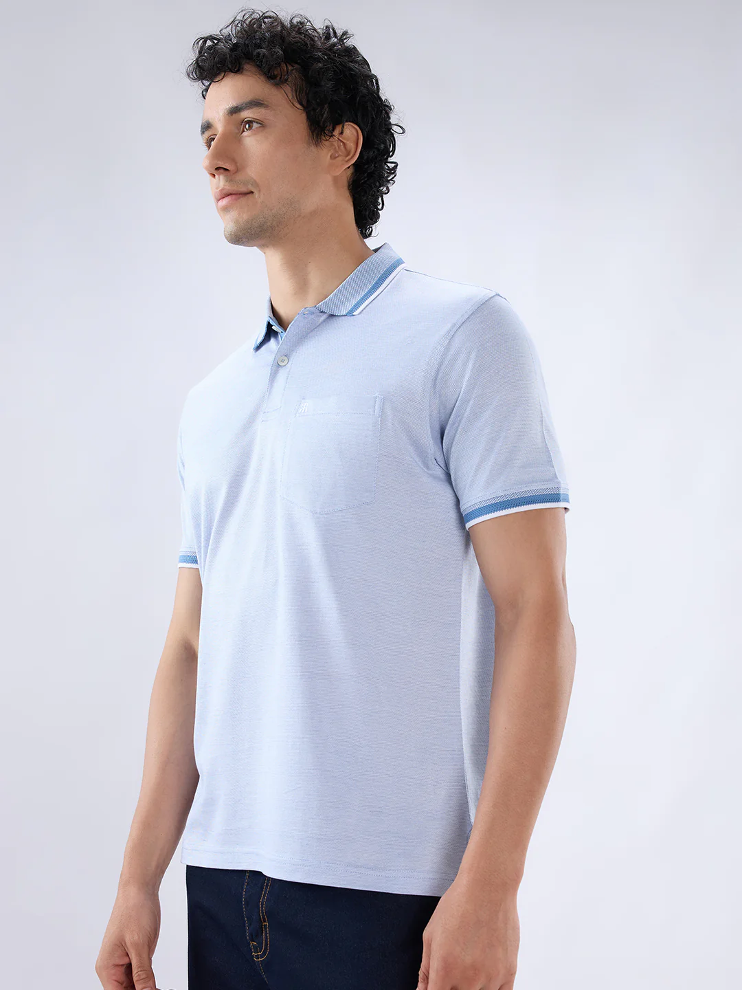 Raymond Men Blue Regular Fit Structure Polo Neck Collar T-Shirt - Image 3