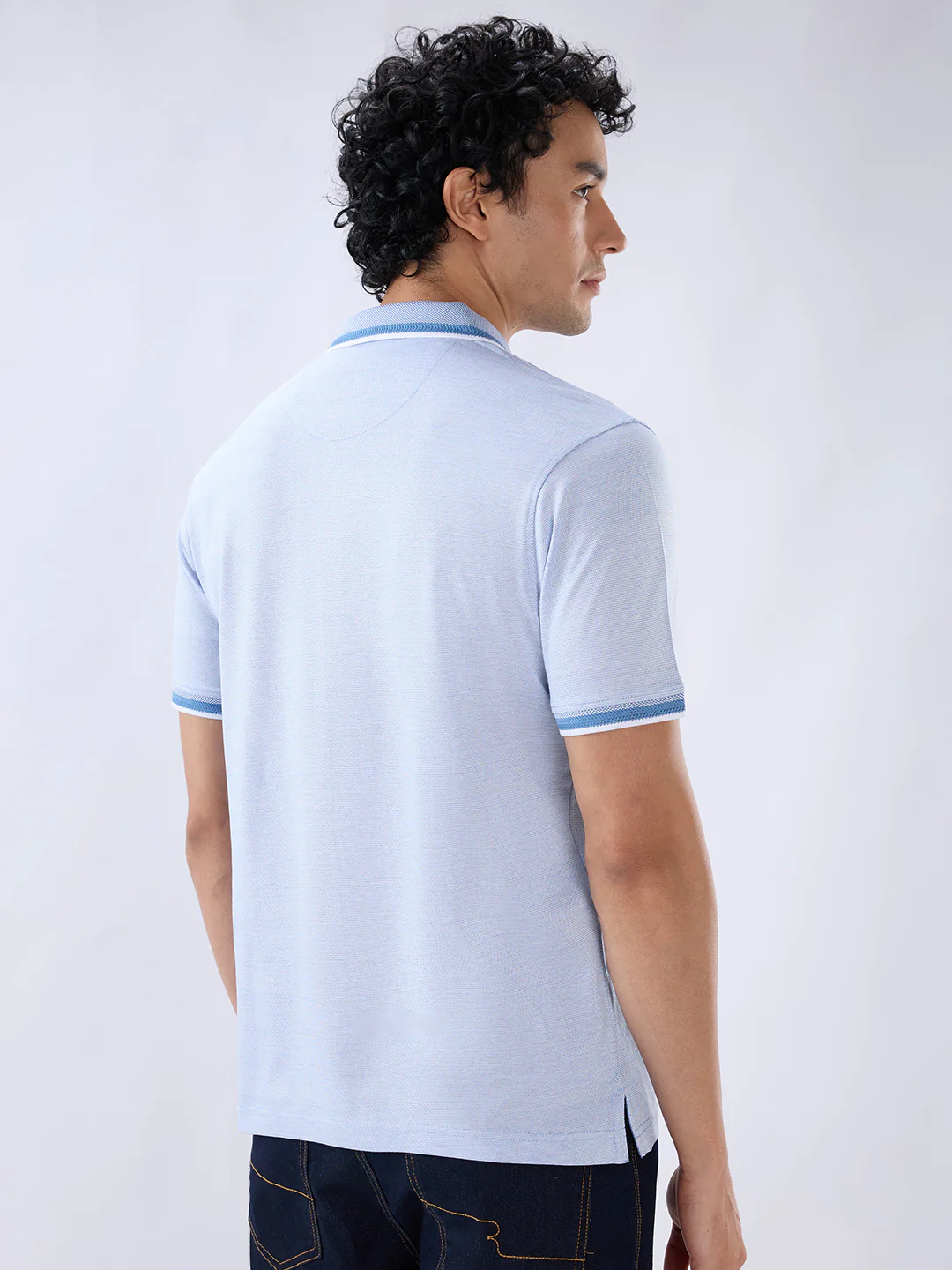 Raymond Men Blue Regular Fit Structure Polo Neck Collar T-Shirt - Image 4