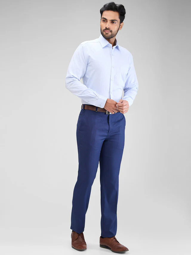 Raymond Men Blue Self Design Contemporary Fit Trouser - Image 5