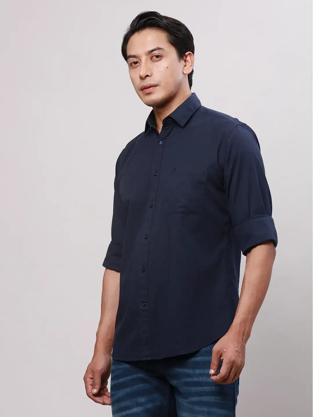 Raymond Men Blue Slim Fit Solid Cotton Regular Collar Shirts - Image 3