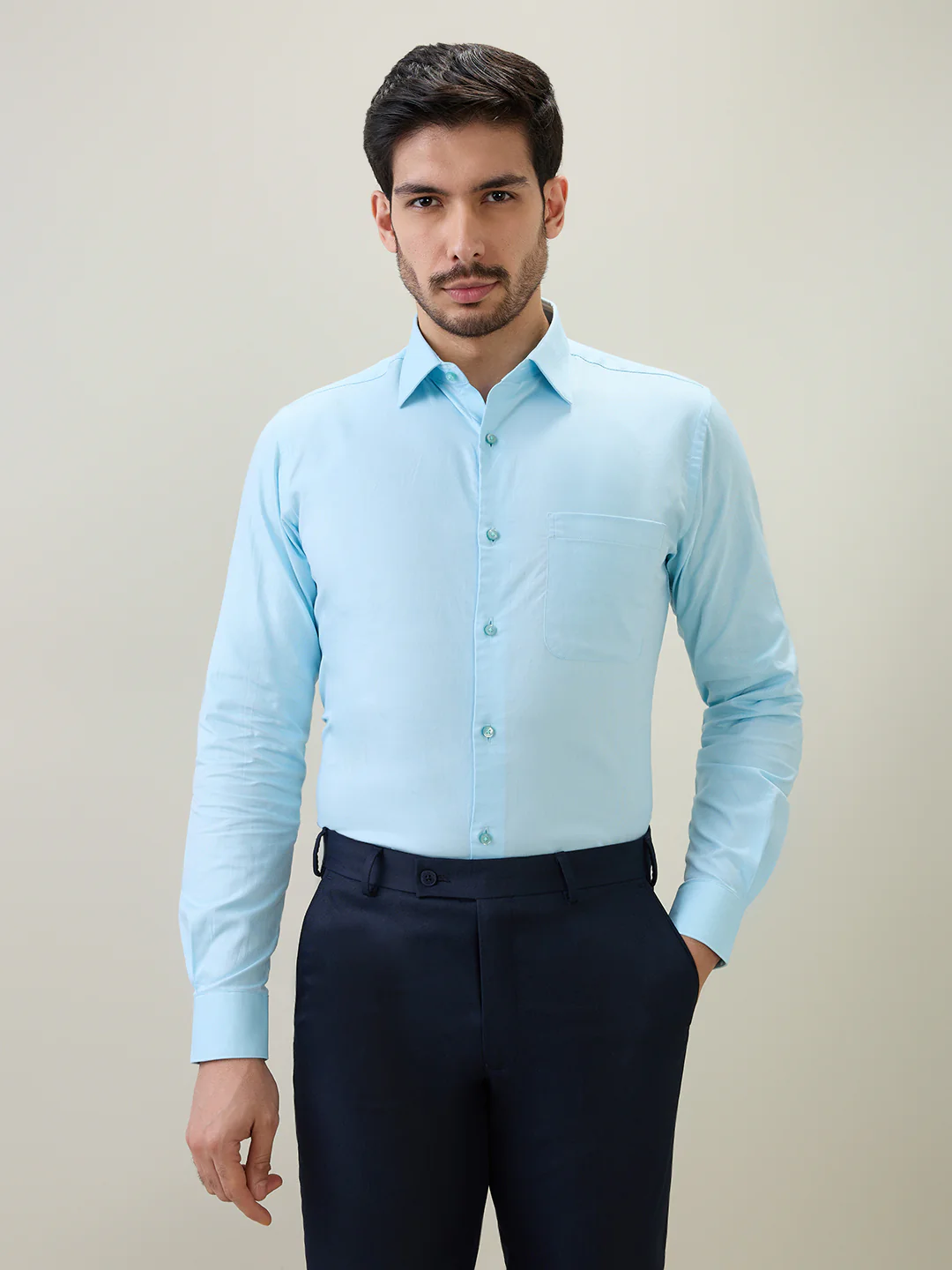 Raymond Men Blue Solid Chambray Slim Fit Cotton Shirt