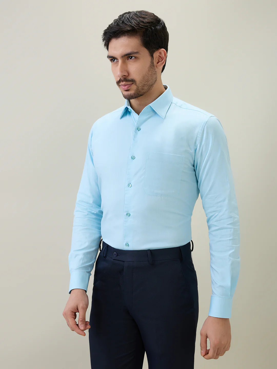 Raymond Men Blue Solid Chambray Slim Fit Cotton Shirt - Image 2
