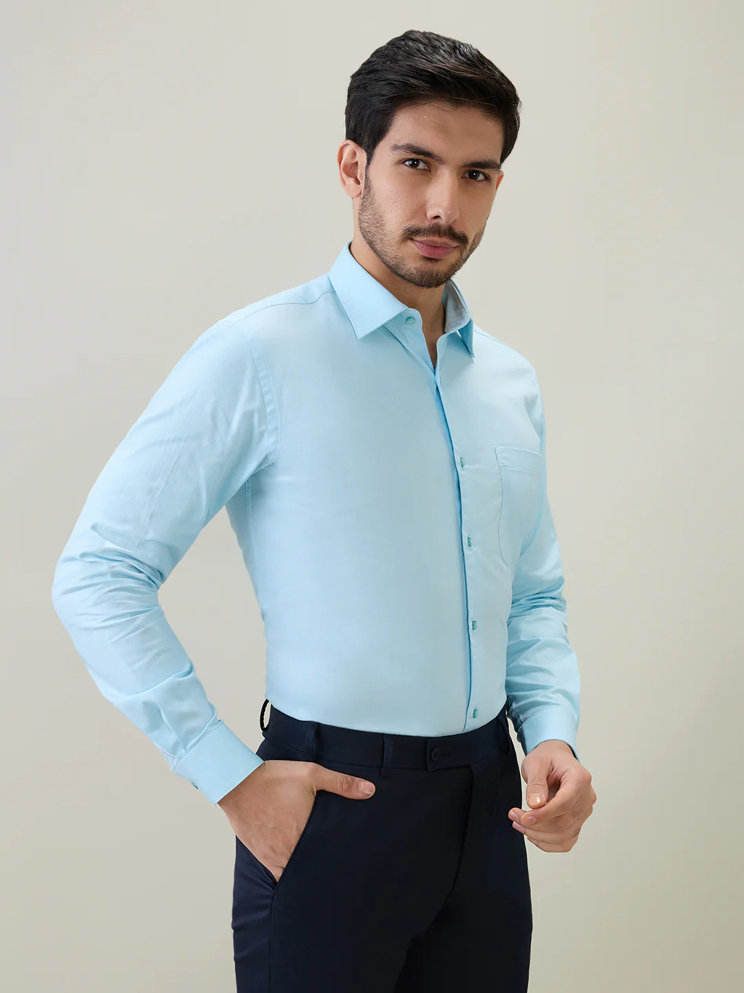 Raymond Men Blue Solid Chambray Slim Fit Cotton Shirt - Image 3