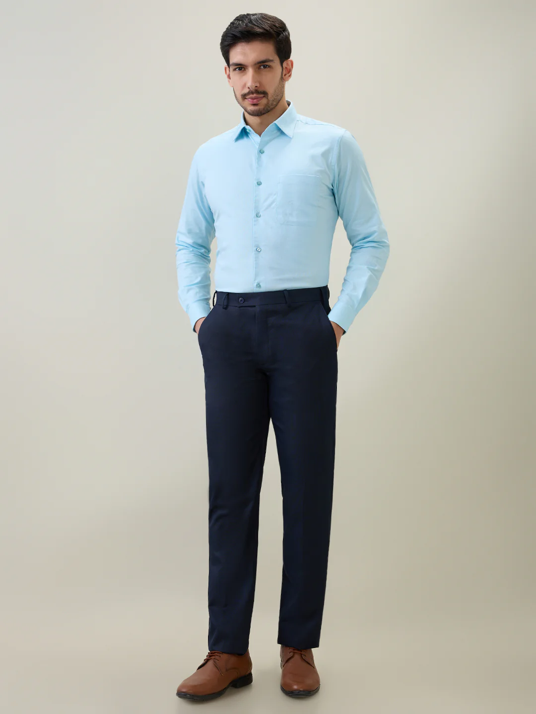 Raymond Men Blue Solid Chambray Slim Fit Cotton Shirt - Image 5
