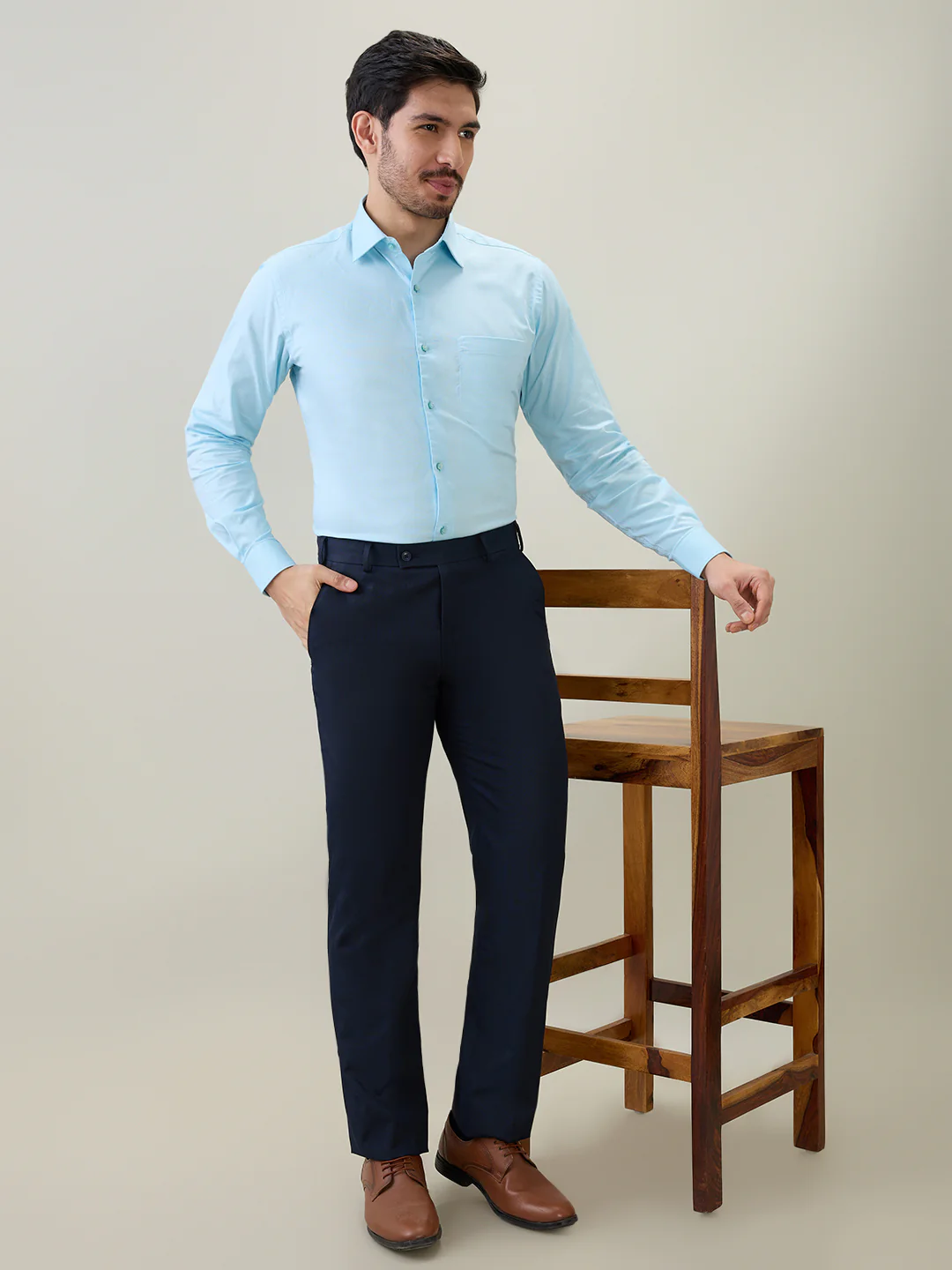 Raymond Men Blue Solid Chambray Slim Fit Cotton Shirt - Image 6