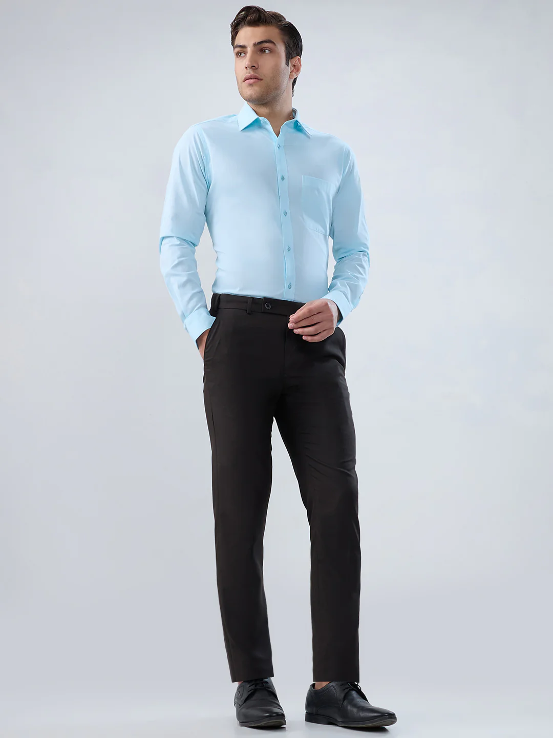 Raymond Men Blue Solid Chambray Slim Fit Cotton Shirt - Image 5